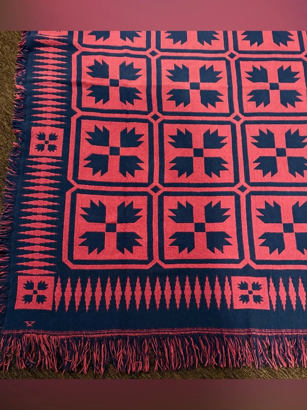 Hand‑Woven Cotton Throw / Small Accent Rug – Navy & Red – Artisan Mark – 48” x 5